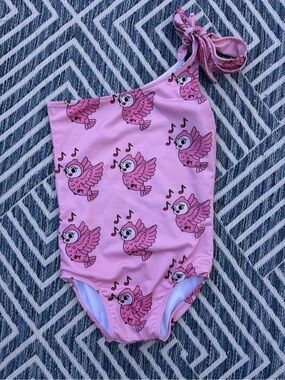 Girls' Pink One-Shoulder Swimsuit with Singing Owl Print